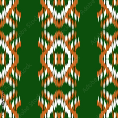 Ethnic Ikat Geometric Pattern, Green and Orange Traditional Motif Background