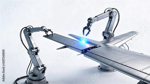 Robotic arms assembling aircraft wing
