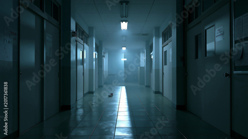 Dark eerie hospital corridor with dim flickering lights and mysterious fog, horror atmospheric background