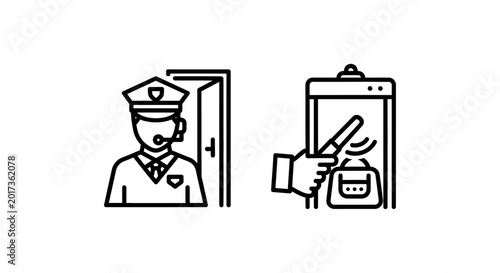Venue security guard and metal detector security check icons with security detector personnel screening protection authority microphone building illustration