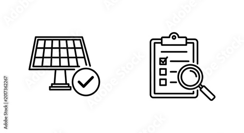 Solar panel with checkmark and checklist with magnifying glass commissioning checklist checkmark magnifying inspection verification renewable technology environment clipboard document