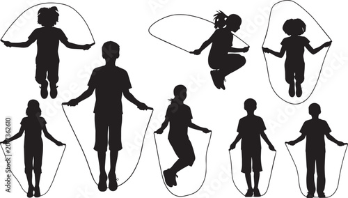 Children jumping rope silhouettes in black and white children silhouettes kids playing exercise