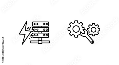 Api incident icon with lightning striking servers and integration issue icon with gears and wrench incident database technology computing internet lightning electricity downtime emergency