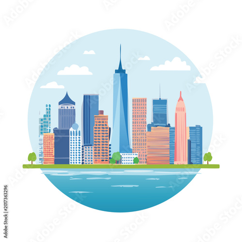 Illustrated cityscape with modern high rise buildings in a round composition