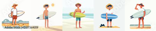 vector of a man standing with a surfboard on the beach