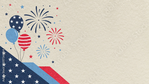 4th of July Independence Day beige textured paper background with red blue fireworks and balloons with copy space for banner