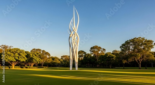 A large white sculpture standing in a field with trees in the background under a blue sky
