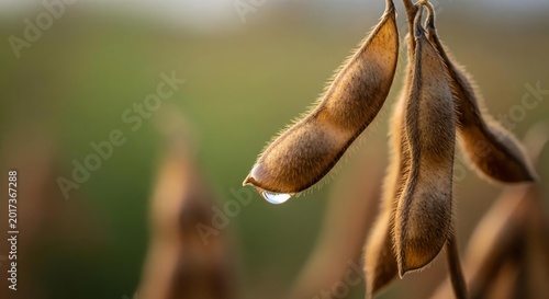 Closeup of dry soybean pods with dew drop on a blurred green background