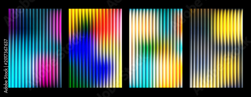 Abstract voilet vertical light lines background. Ribbed glass with refracted neon gradient