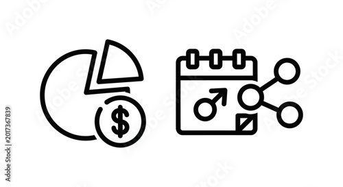 Share budget and share plan icons with pie chart calendar strategy planning financial investment analysis information organization teamwork collaboration management objective performance