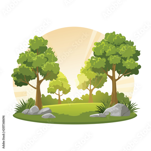 Cartoon trees in a vibrant green landscape illustration with sunlight