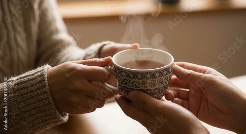 A cup of tea being passed between two people