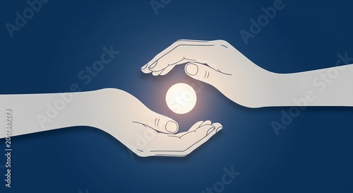 A minimal illustration of two hands reaching toward each other, holding a glowing white light or sphere against a dark blue background