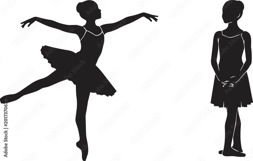 Fototapeta premium Two female ballet dancers in black silhouette performing on stage