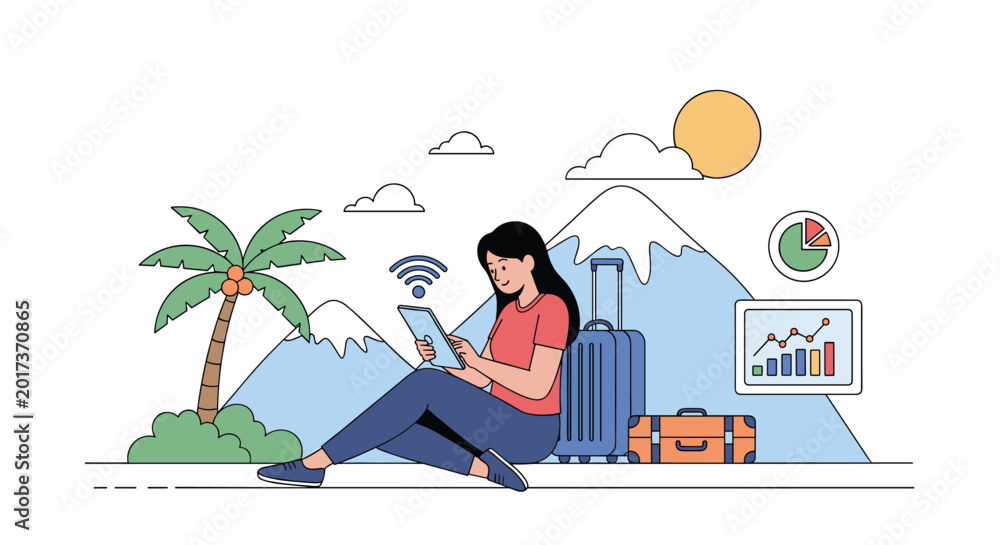 Fototapeta premium Digital nomad woman working remotely on tablet while traveling with suitcases between tropical beach and mountains.