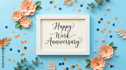 Elegant white picture frame displaying happy work anniversary text surrounded by paper craft flowers and colorful confetti on blue surface