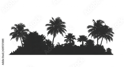 A horizontal silhouette of a tropical island featuring multiple palm trees and dense foliage isolated against a solid black background