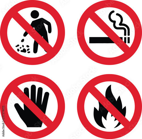 Canvas-taulu Set of four prohibition signs featuring no littering no smoking no touching and no fire symbols in red circle frames