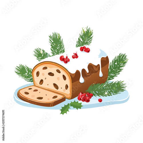 Festive dessert with icing and berries displayed with evergreen branches