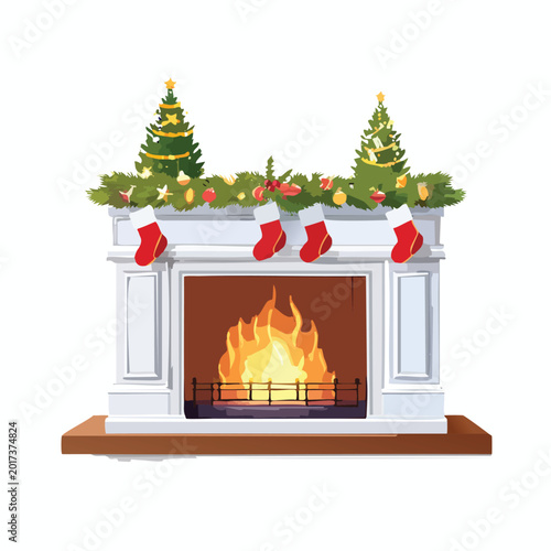 Festive fireplace with decorations and burning fire for holiday celebrations