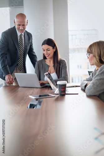 Group of business people with laptops in a modern conference room and having business meeting