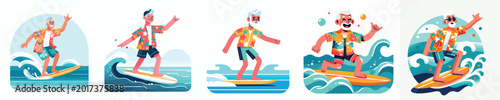 vector of a grandpa surfing the waves on the beach