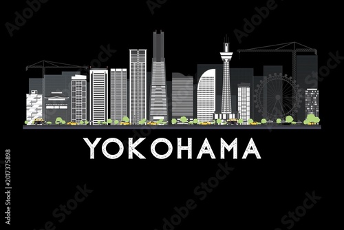Foto Modern Yokohama, Japan skyline illustration with iconic buildings, colorful urban architecture, and black background cityscape design