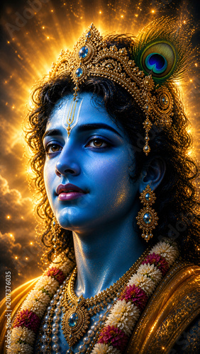 Radiant Lord Krishna with golden divine halo and sparkling celestial light, majestic Hindu deity portrait