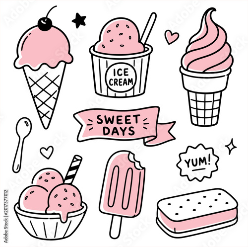 Ice cream desserts doodle line art vector illustration