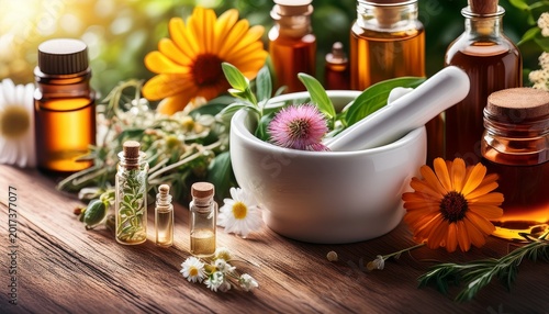 herbal medicine combined with homeopathic remedies surrounded by herbs and flowers