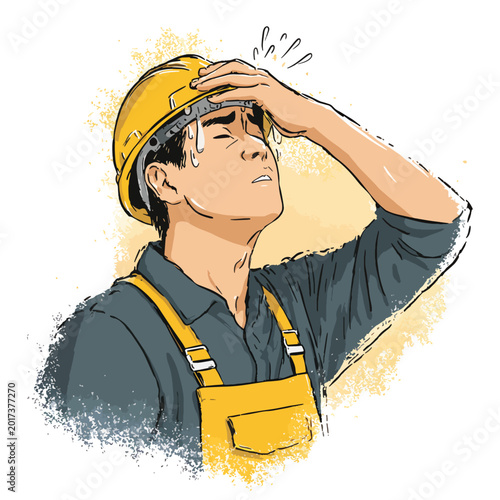 Man wearing yellow hard hat and overalls.