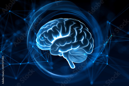 Glowing digital brain with neon blue network lines representing modern artifi...