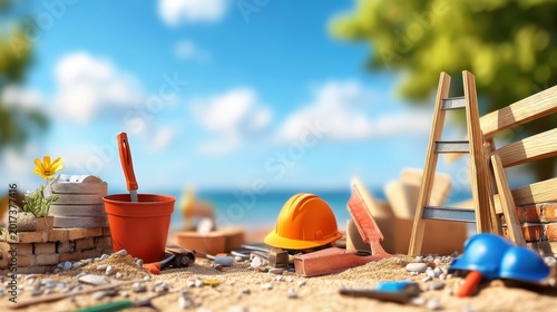 Construction Site Debris and Tools Set Against a Sunny Beach Landscape Under Clear Blue Sky