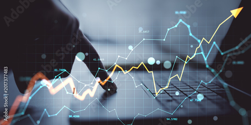 Finger pushing digital stock chart with upward arrow showing business growth on abstract technology background concept of progress and analytics.