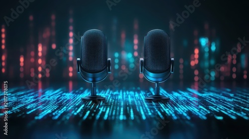 Dual Studio Microphones on Futuristic Digital Data Waves, Representing Voice Command AI and Audio Technology Innovation