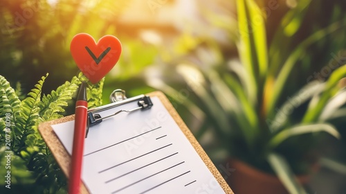 Clipboard with checklist, red heart, and pen in outdoor natural setting with sunlight and greenery