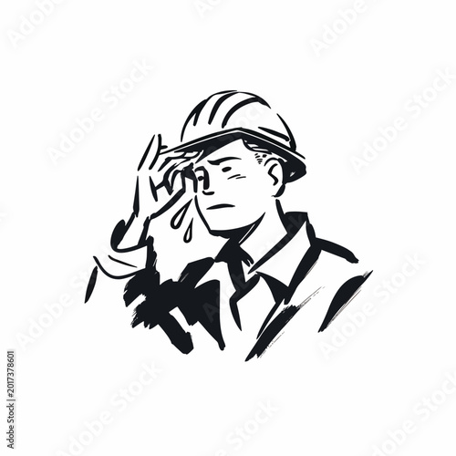 Man wearing hard hat and wiping sweat.