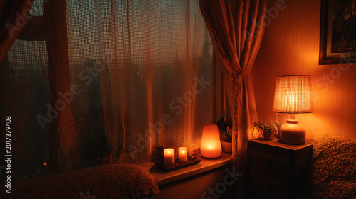 Aesthetic room with candles and warm orange lamp glow ,tiny room, cozy falt, room and it's raining outside the window, eveninig and in the flat and the light is on in the lamp, eth