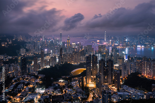 Photography Night High-Angle View of Hong Kong Island Skyline, Hong Kong