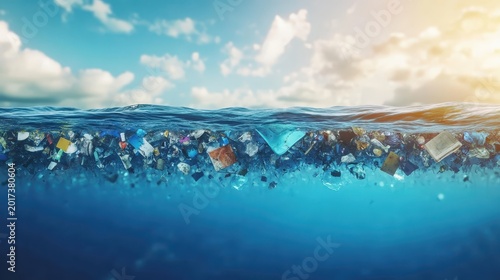 Floating Plastic Waste and Debris Polluting the Ocean Surface Near a Coastal Beach