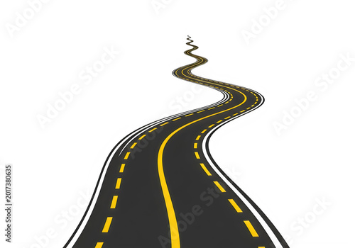 Winding asphalt road with yellow lines stretching into the far distance isolated on transparent background