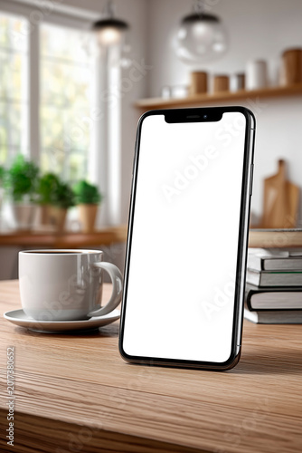 Blank smartphone mockup on wooden desk in cozy home office interior