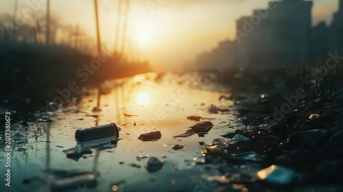 Floating trash pollutes an urban stream during soft sunset light near industrial zones