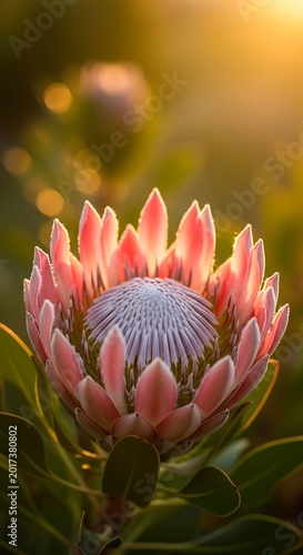 Protea Flower in Golden Sunlight - A Botanical Beauty.