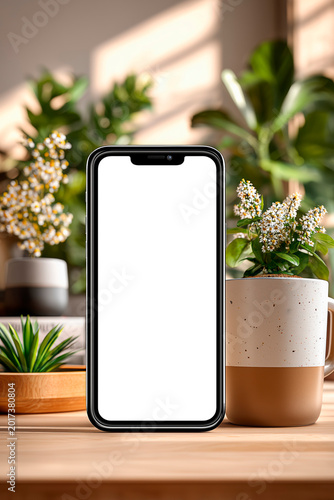 Modern smartphone mockup with blank screen on desk beside houseplant