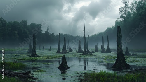 Gloomy and degraded wetland landscape showing stark ecosystem impact from biodiversity loss and evident pollution effects with dead tree stumps.
