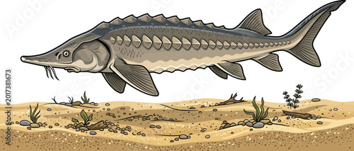 Schilderij op canvas Drawing of a sturgeon fish on a sandy bottom with sturgeon wildlife freshwater s