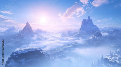 Misty mountain valleys bathed in soft morning light creating a dreamy and serene landscape