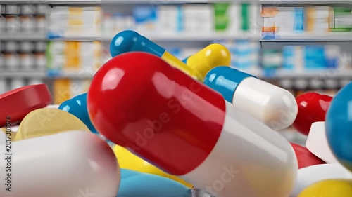 Closeup of various colorful pills and capsules scattered on a pharmacy shelf.
