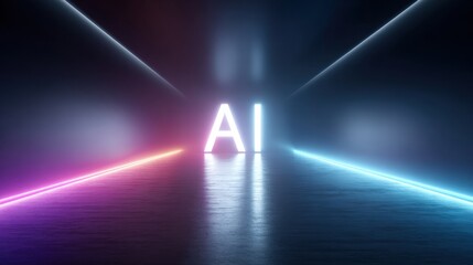 Glowing AI letters in futuristic neon corridor with reflective floor and blue pink light trails